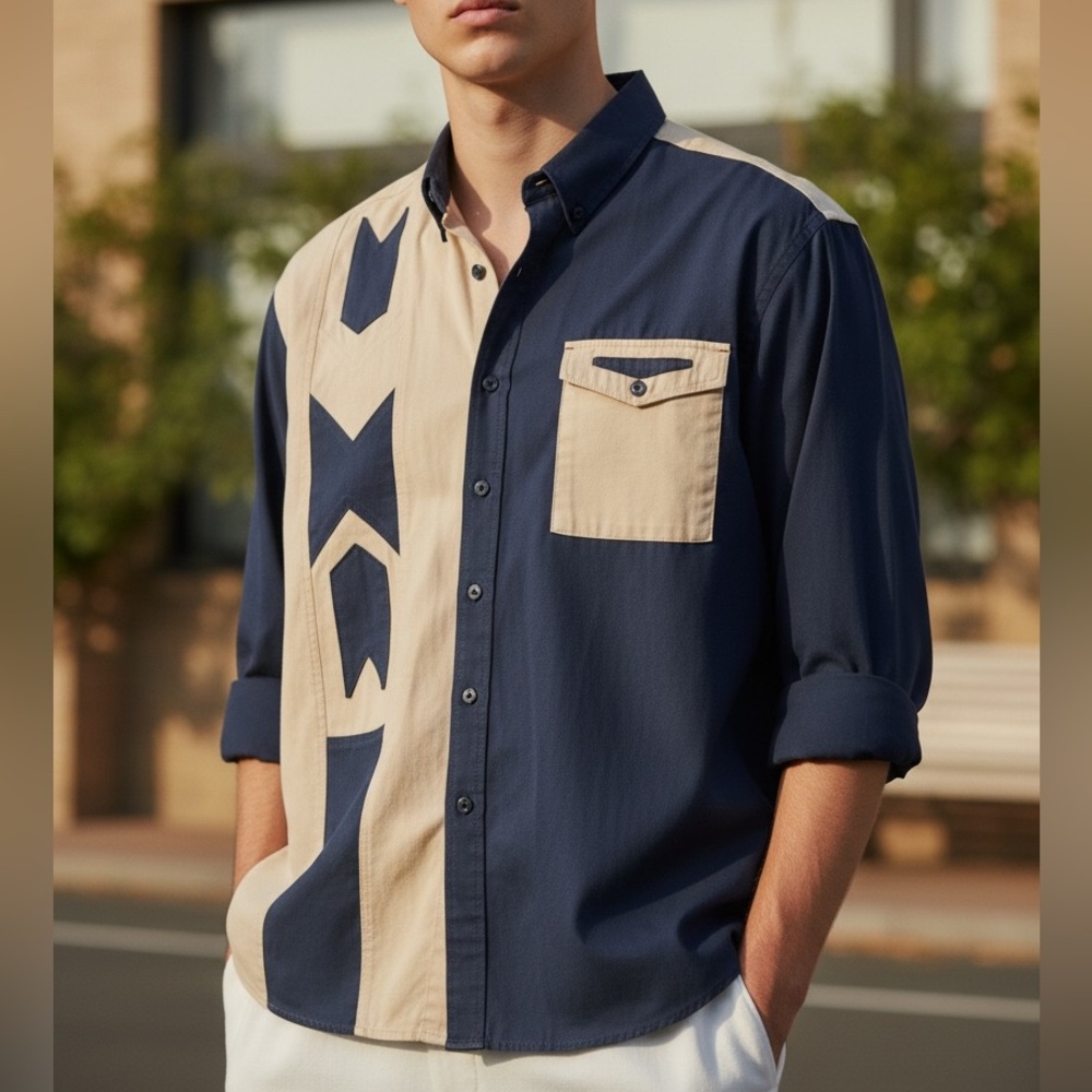 Men's Two-Tone Navy and Beige Casual Button-Down Shirt